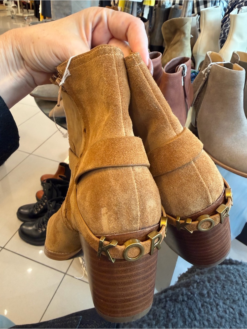 MICHAEL Michael Kors Tan Suede Block Heel Ankle Boots with Gold MK Accent